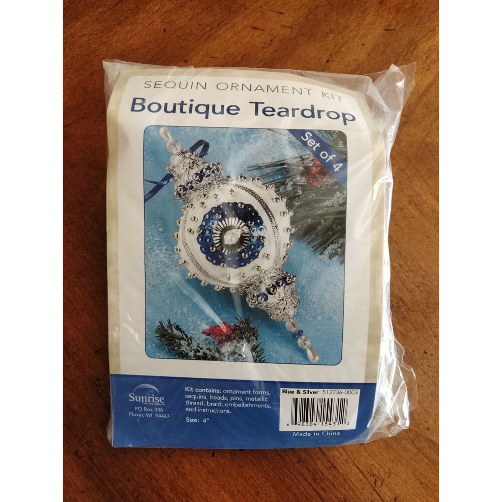 Sunrise Boutique Teardrop Sequin Bead Pins Ornament Kit Blue Silver Set of 4